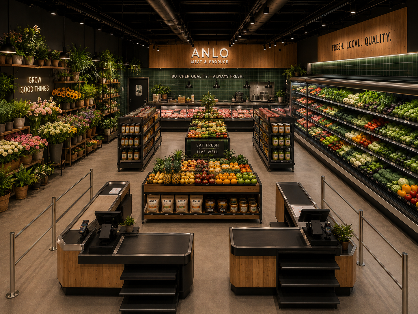 ANLO Meat & Produce interior: butcher case, produce wall, flower shelves and oak checkouts